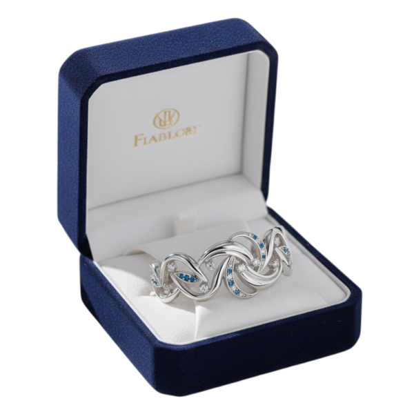 Luxury Women’s 925 Sterling Silver Bracelet with Blue & White Stones | Designer Wave Pattern Bracelet | Roopmohana