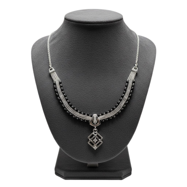 Designer 925 Sterling Silver Mangalsutra Necklace with Black Beads & Geometric Pendant | Modern Bridal Style | Roopmohana